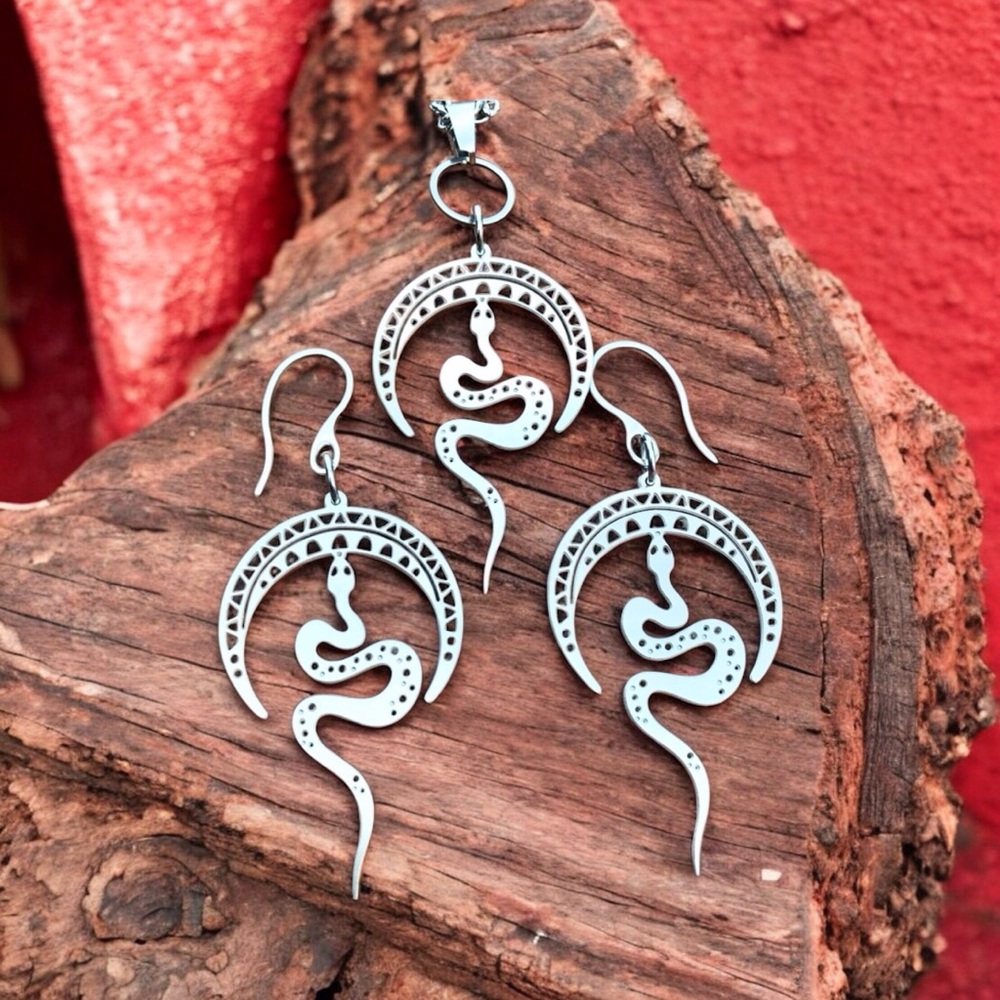 🆕 Snake Laser Etched Necklace and Earrings Set Stainless Steel